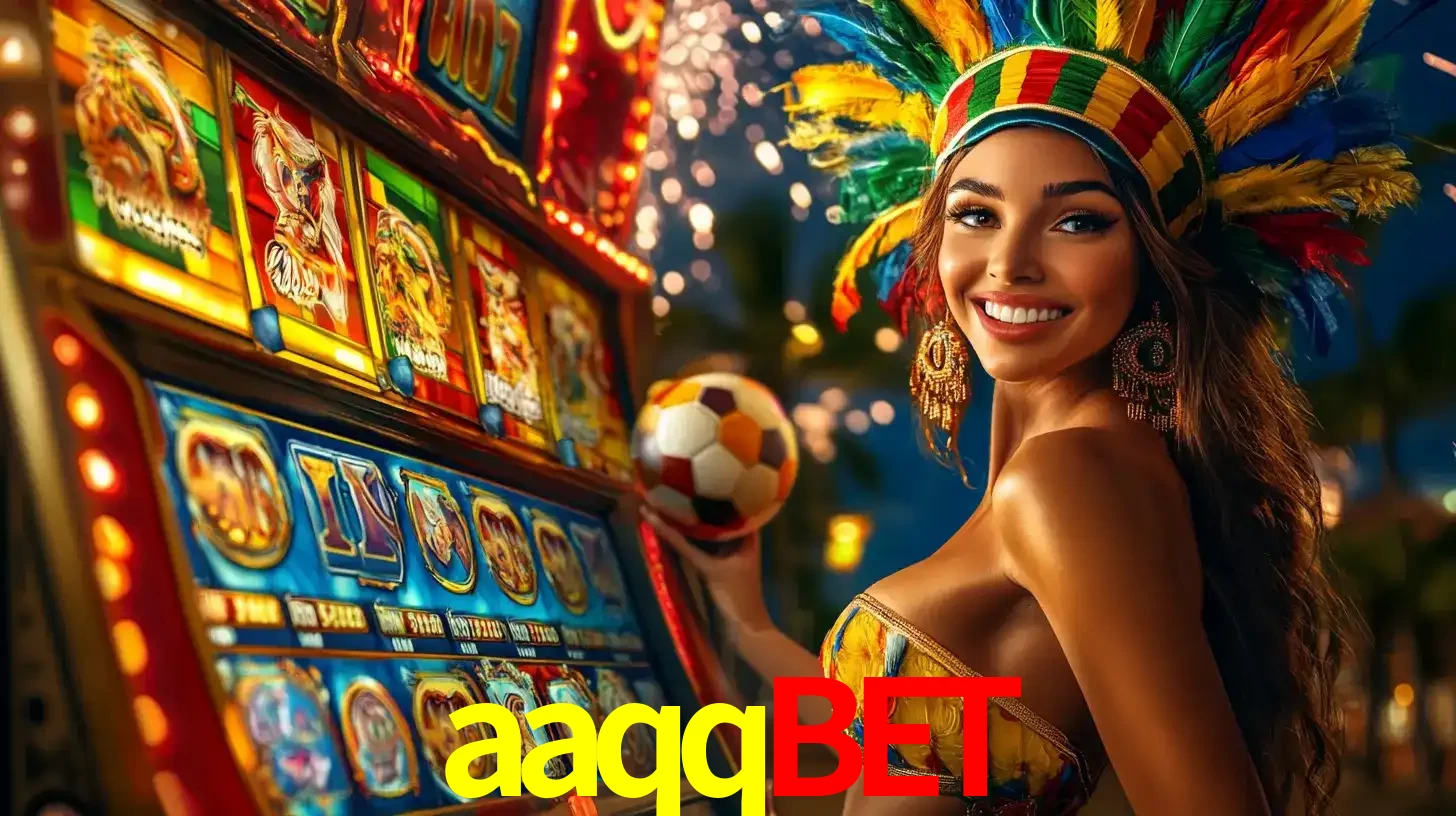 Mulher com um cocar de carnaval ao lado de uma máquina de caça-níqueis enquanto segura uma bola de futebol, mostrando a união da diversão de cassino e esportes no aaqqbet.