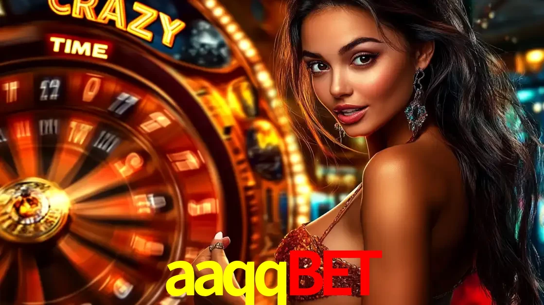 Mulher ao lado da roda de prêmios do jogo de cassino ao vivo Crazy Time, um dos shows de jogos mais emocionantes oferecidos pela plataforma de apostas aaqqbet.