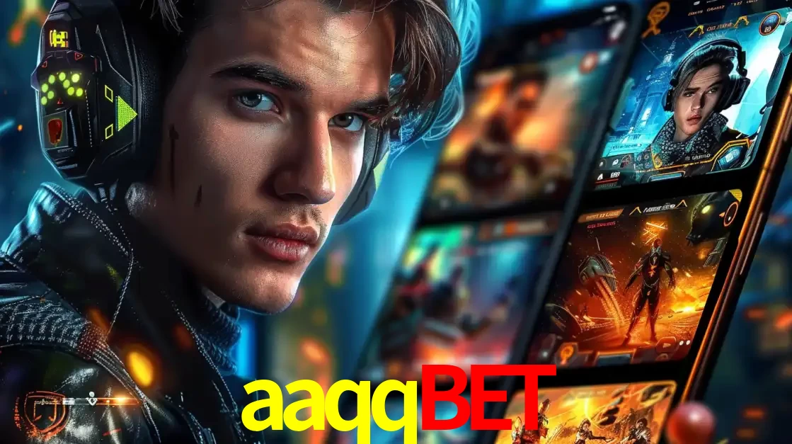 Jovem jogador com fones de ouvido olhando para a câmera, com um aplicativo de jogos e e-sports para celular ao fundo, pronto para a competição e apostas no aaqqbet.