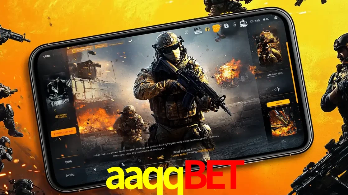 Um smartphone exibindo a interface de um jogo de tiro em primeira pessoa, com um soldado em um cenário de batalha, representando a ação dos e-sports para apostar no aaqqbet.