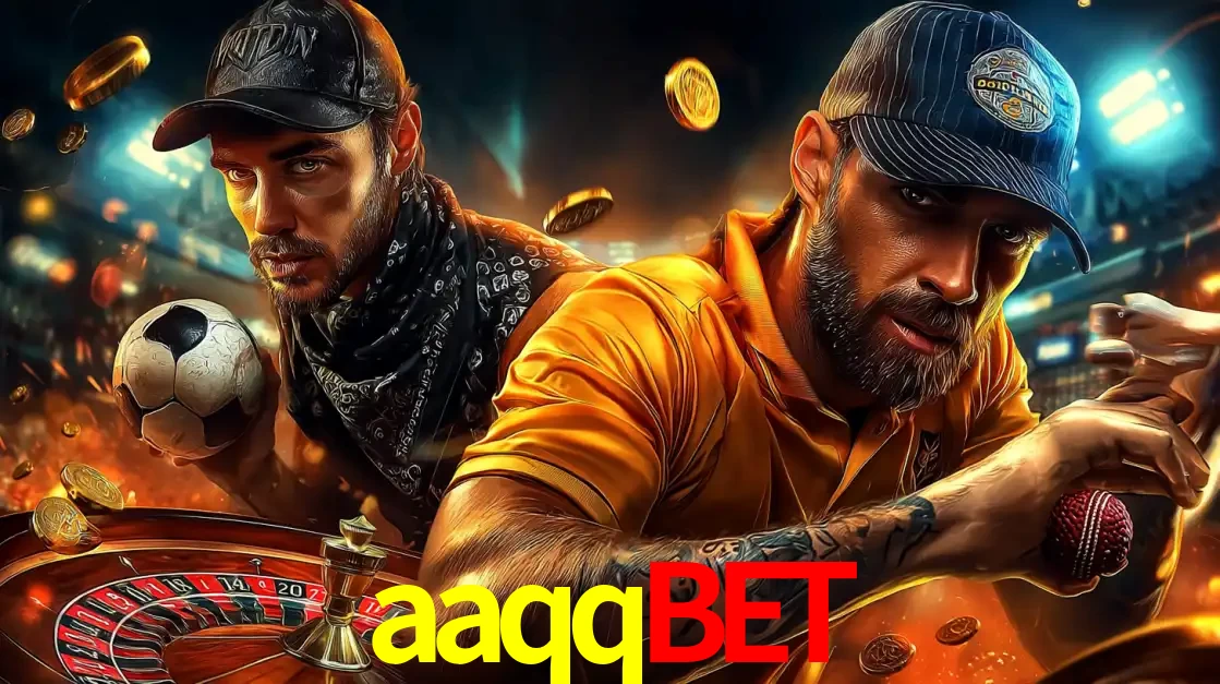 Montagem de apostas esportivas e cassino no aaqqbet, com um homem segurando uma bola de futebol e outro uma de beisebol sobre uma roleta e moedas voadoras.