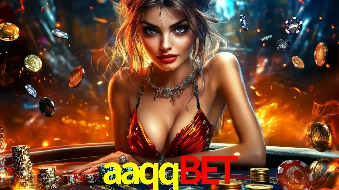 Mulher em uma mesa de cassino com pilhas de fichas e um fundo de fogo, pronta para uma rodada de altas apostas nos jogos de mesa emocionantes do cassino aaqqbet.