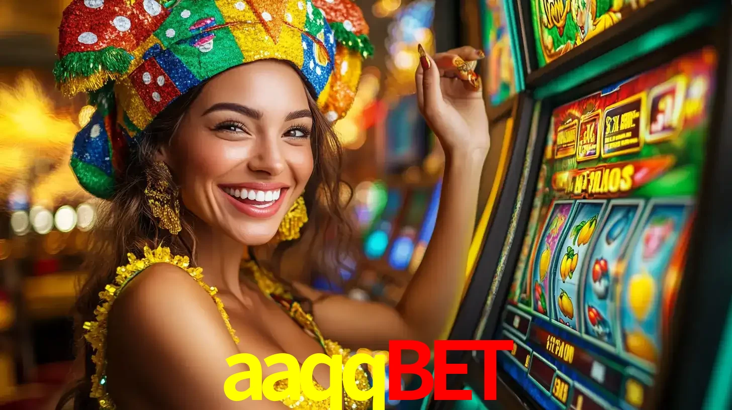 Mulher feliz com traje de carnaval amarelo e colorido ao lado de uma máquina de caça-níqueis, aproveitando a diversão e os jogos temáticos do cassino aaqqbet.