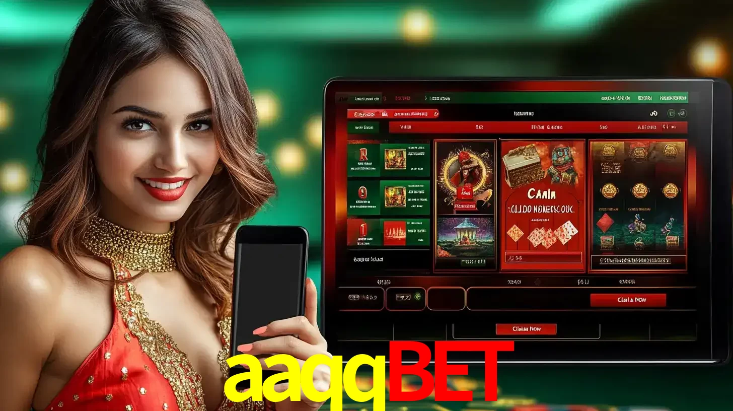 Mulher sorridente segurando um smartphone, ao lado de uma tela exibindo o lobby de jogos do cassino online aaqqbet, com várias opções de jogos de cartas e slots.